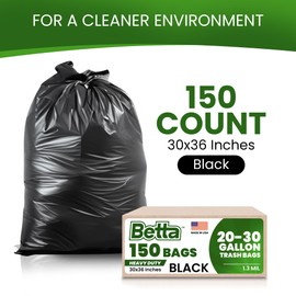 Betta 20-30 Gallon Black Trash Bags, 150 Count Box, (30x36-inch) Commercial Heavy-Duty Garbage Can Liners for 16-20 Gallon Round Cans, 15-23 Gallon Slim and Square Cans
