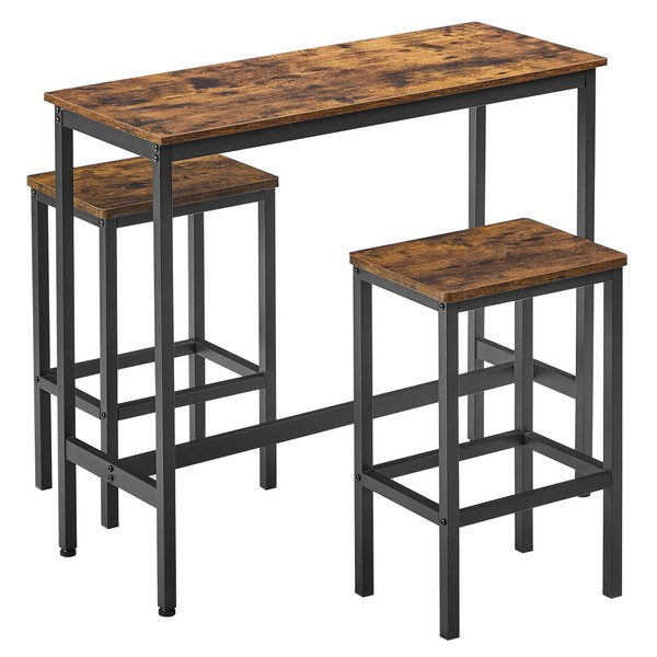 VASAGLE Dining Table Set, Bar Table and Chairs Set, Kitchen Bar Height Table with Stools Set of 2, Steel Frame, Industrial, Rustic Brown and Black ULBT218B01, 15.7 x 39.4 x 35.4 Inches
