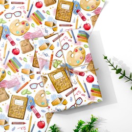 FYSUIMU 6 Sheets Back to School Wrapping Paper -Not Roll- Apples Pencil Books Glasses Gift Wrap Paper Folded Flat Craft Paper for First Day of School Party, 19.7 x 27.6 Inch