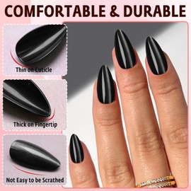 Bellelfin 120Pcs Cat Eye Press on Nails Almond Medium Length, Full Cover Black Press on Fake Nails Glossy Acrylic Almond Shape Glue Nails for Women Girls