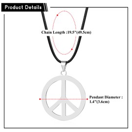 Flongo Peace Sign Necklace Hippie Unisex: Peace Sign Pendant Stainless Steel Chain Boys Girls Teenager Necklace 1960s 1970s Vintage Party Accessories Leather String Necklace Women Men