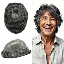 FACE MIRACLE Toupee for Men All Poly Mens Hair Piece Durable Skin PU Human Hair Replacement System Mens Human Hair Toupee Hairpieces for Man Mens Toupee 8"X10" #1B50 Off Black with 50% Gray