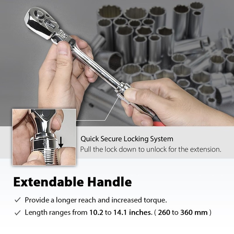 FIRSTINFO F3222NC 3/8-Inch Drive Locking & Flexible Extendable Ratchet Wrench