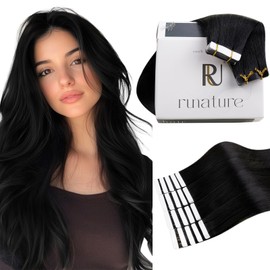 RUNATURE Tape in Hair Extensions Human Hair Black Tape in Extensions Black Human Hair Jet Black Tape Hair Extensions Real Human Hair 12 Inch 30 Gram