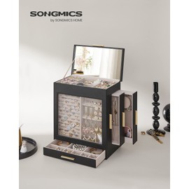 SONGMICS Jewelry Box with Glass Window, 5-Layer Jewelry Organizer with 3 Side Drawers, Jewelry Storage, with Big Mirror, Modern, 6.1 x 10.3 x 12.6 Inches, Ink Black and Metallic Gold UJBC162B02