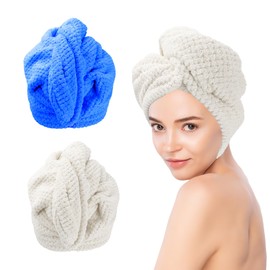 Microfiber Hair Towel Wrap for Women 2 Pack Hair Wrap Towels Hair Towels for Women Super Absorbent Quick Dry Hair Drying Towel Wrap Anti-Frizz Hair Turban Towel for Woman Curly Wet Hairs(Beige Blue)