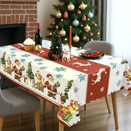 Halibutfly Christmas Tablecloth Vinyl Waterproof Oil-Proof Table Cover, Santa Claus Snowflake Holiday Dining Table Protector for Kitchen, Christmas Party & Home Decoration (Reindeer 55×70Inches)
