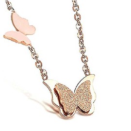 findout 14K rose gold plated titanium steel double frosted dimensional butterfly pendant necklace (f1493)