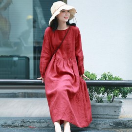 2025 Spring Women's 100% Linen Long Sleeve Maxi Dress Boho Casual Loose Dress with Pockets (US, Alpha, Large, Regular, Regular, Red)