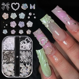 3D Multi Shapes Nail Charms, Aurora Rose Camellia Butterfly Acrylic Flower Clear Bow-Knot White Heart Flatback Pearls Nail Decoration Jewelry DIY Crafts Y2K Nail Art Accessories…