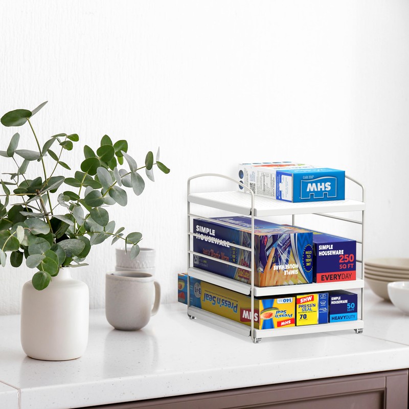 Simple Houseware Kitchen Wrap Organizer Storage Height Adjustable Rack, White