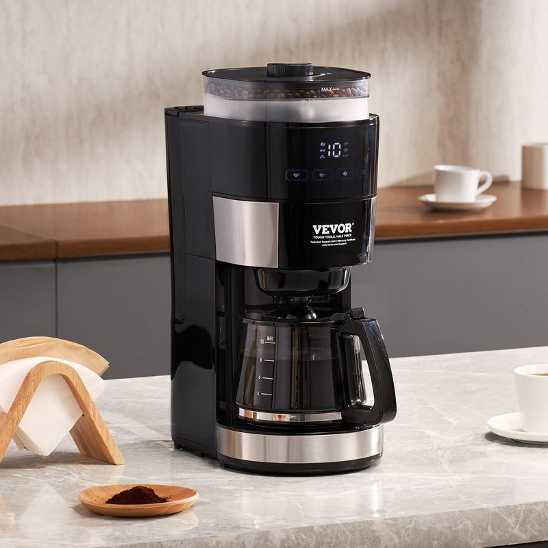 VEVOR Coffee Maker with Grinder, 10 Cup Coffee Machine, Grind