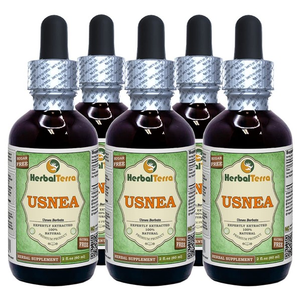 Usnea (Usnea barbata) Glycerite, Dried Thallus Alcohol-FREE Liquid Extract (Brand name: HerbalTerra, Proudly made in USA) 5x2 fl.oz (5x60 ml)