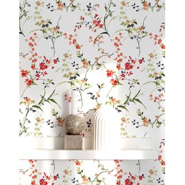 HomKihapai Peel and Stick Wallpaper- Red Floral Wallpaper Boho Wallpaper Peel and Stick Blossom Branches Wallpaper Wall Decor Mural Wallpaper for Bedroom (Spring Red Floral, Sample - 17.7" X 78.74")
