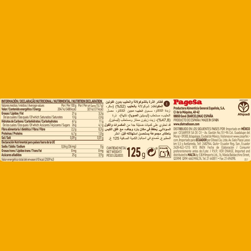 DIET RADISSON, TORTITAS DE MAIZ CUBIERTAS DE COCOLATE DE 125g,