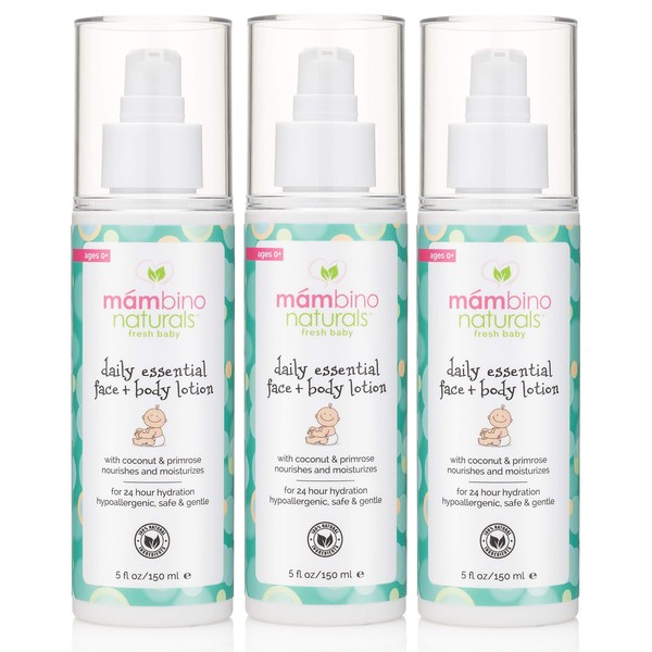 Mambino Organics Daily Essential Face And Body Lotion, Coconut + Primrose, 5 Fluid Ounces, 3 Pack
