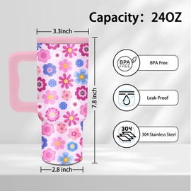 Floral Gifts - 24 oz Tumbler with Handle and Straw, Insulated Stainless Steel Cup, Leakproof, Cute Flower Pattern Travel Mug for Women Girls, BPA Free, Fits Car Cup Holders, Keeps Drinks Cold/Hot