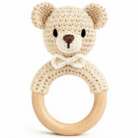 Wooden Baby Rattle, Handmade Crochet Stuffed Animal Organic Rattle Toys, Beige Bear Rattles for Babies 0-6-12 Months with Wood Teething Rings, Baby Announcements Ideas
