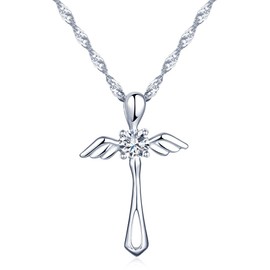 Infinite U Fashion Angel Wings Cross Pendant 925 Sterling Silver Rhodium Plated Cubic Zirconia Necklace for Women/Girls, Silver