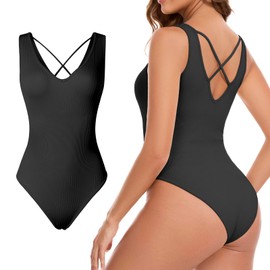 Nabawa Ribbed Bodysuit for Women Tummy Control Sleeveless Shapewear Bodysuit,Black,M