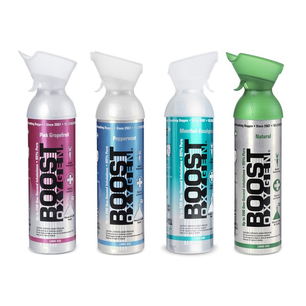 Boost Oxygen Large 10 Liter Canister Variety Pack | Includes 1 Natural, 1 Peppermint, 1 Menthol-Eucalyptus & 1 Pink Grapefruit (4 Pack)