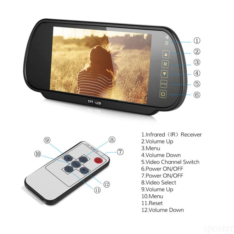 iPoster 7" Touch Button Car Rear View Mirror Monitor Backup