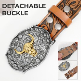 SANSTHS Western Cowboy Belt Men Bull Buckle Belt Women Western Floral Engraved Leather Belt for Jeans, Brown/Gold Bull