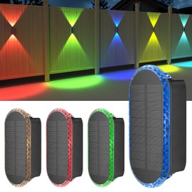 Ellasay Solar Fence Lights, 4-Pack Fence Lights Solar Powered 8 WRGB Color Modes, Up & Down Waterproof Solar Wall Lights Outdoor, Bright Focus Lens Solar Lights for Yard/Pool/Porch/Patio/Railing
