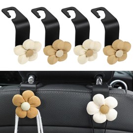 Hbxdeco 4PCS Car Seat Headrest Hook, Cute Flower Car Seat Back Hanging Hook, Auto Seat Purse Hanger Organizer for Handbag Clothes Coat Grocery Bag, Universal Interior Car Accessories (White+Brown)