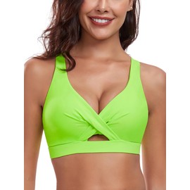 RELLECIGA Women's Neon Green V Neck Bikini Top Criss Cross Cutout Bathing Suits Size Medium