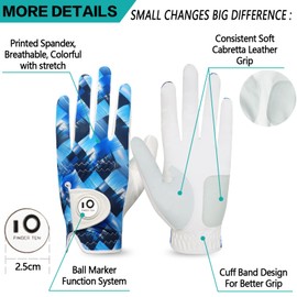 FINGER TEN Men's Golf Gloves Left Right Hand Leather with Ball Marker Summer Golf Gloves Men Weathersof Premium Quality Soft Comfort (Navy, L, Left)