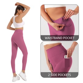 KOWSPORT Womens Yoga Pants High Waisted Yoga Legging with Pockets Tummy Control Workout Leggings for Sports Buttery Soft Gym Pants Butt Lifting Compression Leggings Stretchy Pants (Pink M)
