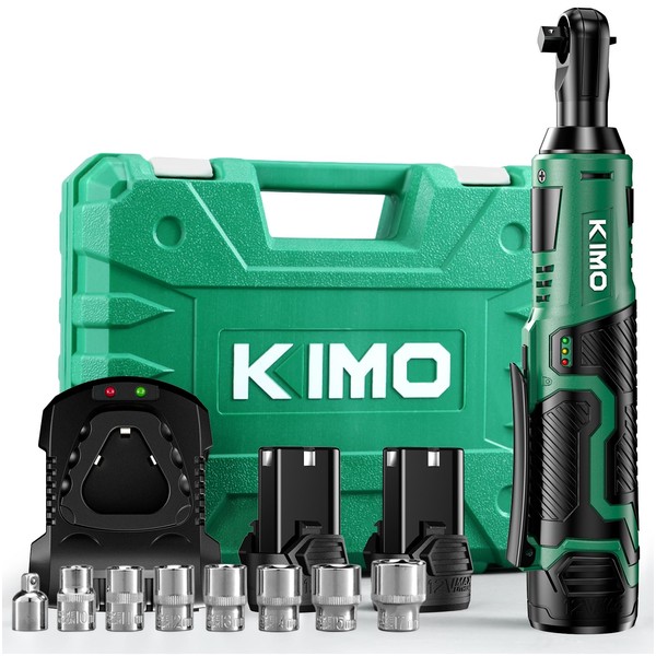 KIMO 3/8" Cordless Electric Ratchet Wrench Set, 40 Ft-lbs 400 RPM 12V Cordless Ratchet Kit w/ 60-Min Fast Charge, Variable Speed Trigger, 2-Pack 2.0Ah Lithium-Ion Batteries, 8 Sockets