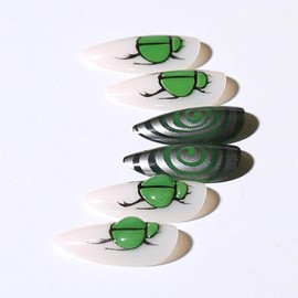 MISUD Press on Nails - Medium Stiletto Glue on Nails with Goth Dark Green, Acrylic Ladybug Design 24 pcs