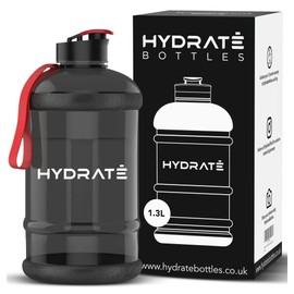 HYDRATE XL Jug 1.3 Litre Water Bottle with Nylon Carrying Strap & Leak-Proof Flip Cap - BPA Free - Ideal for Gym, Clear Water Container Large Sports Bottle, Extra Strong Material Water Jug (Black)