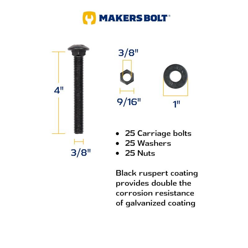 3/8" x 4" (25 Pack) Black Carriage Bolt Kit, Grade