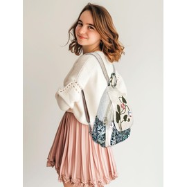 POPUCT Cotton Boho Small Backpack Fashion Hand Knitting Mini Chest Bag for Women(beige/bud2)