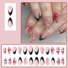 24Pcs Christmas French Tip Press on Nails Short Almond Fake Nails Red Bow Design Acrylic Nails Candy Pattern Full Cover False Nails Xmas Stripe Glue on Nails Christmas Artificial Nails for Women Girls