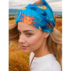 1 Pack Boho Headbands Stretch Paisley Print Bandana Headband Criss Cross Hair Bands Knotted Head Wrap Yoga Daily for Women and Girls (Moon)