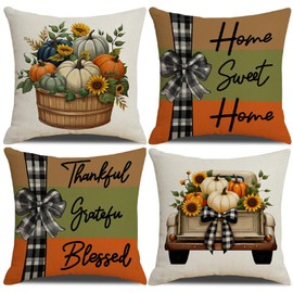 4er Set Thanksgiving Dekorative Kissenbezüge, Herbst Kissenbezüge Zierkissenbezug Kissenhülle, Leinen Kürbis Ahorn Blätter Überwurf Kissenbezug Für Büro Schlafzimmer Auto Dekoration, 45 X 45cm (8)