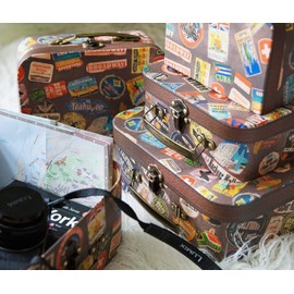 Soul & Lane Decorative Cardboard Suitcase Boxes (Set of 5) | Going Places Theme with Handles | Paperboard Boxes with Lids for Organizing