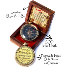 Trust in The Lord with All Your Heart -Proverbs 3: 5-6 Quote Engraved Compass with Wooden Box, Camping Compass, Gift Compass, Gifts for Men -Graduation Gifts 2024 Compass for Women Mens Boy Girls