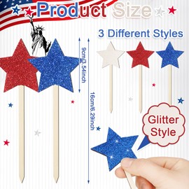 Vicenpal 24 Pcs Patriotic Glitter Wooden Star Picks Memorial Day Decorations 4th of July Double Sided Picks Red White Blue Decorative Vase Filler for Independence Day Home tabletop centerpieces