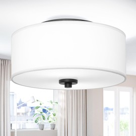 Lodstob 2-Light Flush Mount Ceiling Light Fixture, 12” Modern Close to Ceiling Light with White Fabric Linen Drum Shade, Round Ceiling Light for Bedroom Hallway Living Room Bathroom Dining Kitchen