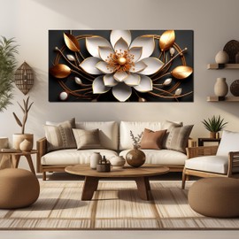 Large Artwork Canvas Wall Art for Living Room Office Room Bedroom Decor Wall Painting White and Gold Flowers Picture Modern Decorative Painting with Frame Ready to Hang Canvas Decor Size 24x48 E