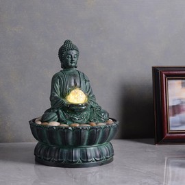 Indoor Tabletop Fountain Buddha Exquisite Sitting Meditation Statue, Desk-Top Water Fountain Decorative Zen Fountain w/Glass Rolling Ball/LED/Stone for Office/Home/feng Shui Decor 9.4"