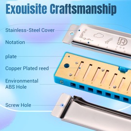 JDR Blues Harmonica Key of C, Mouth Organ 10 Hole 20 Tone with Case, Blues Armonica for Adults Professional Player Beginner Students Gifts Friends Teacher Parents (Blue)