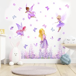 2 PCS Flower Fairy Girls Bedroom Wall Stickers, Butterfly Girls Wall Stickers, Removable and Waterproof, DIY Room Decor for Kids, for Bedroom Kids Nursery Home Decor