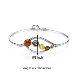 PEORA Genuine Baltic Amber 5-Stone Open Leaf Bangle Bracelet for Women 925 Sterling Silver, Rich Cognac, Olive Green and Honey Yellow Colors, 7 1/2 inch length, Real Baltic Amber Bracelet for Adults