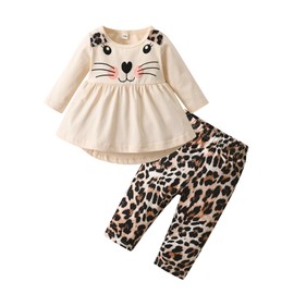 Derouetkia Baby Girl Clothes Cartoon Pattern Ruffle Long Sleeve Tops and Pants Toddler Baby Girl Outfit Set, Beige, 9-12 Months